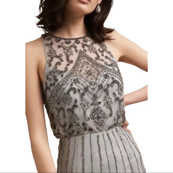 🥳HP BHLDN x Anthropologie Amada 0 /XS Blue Gray Beaded Embellished Blouson Maxi - Picture 3 of 10